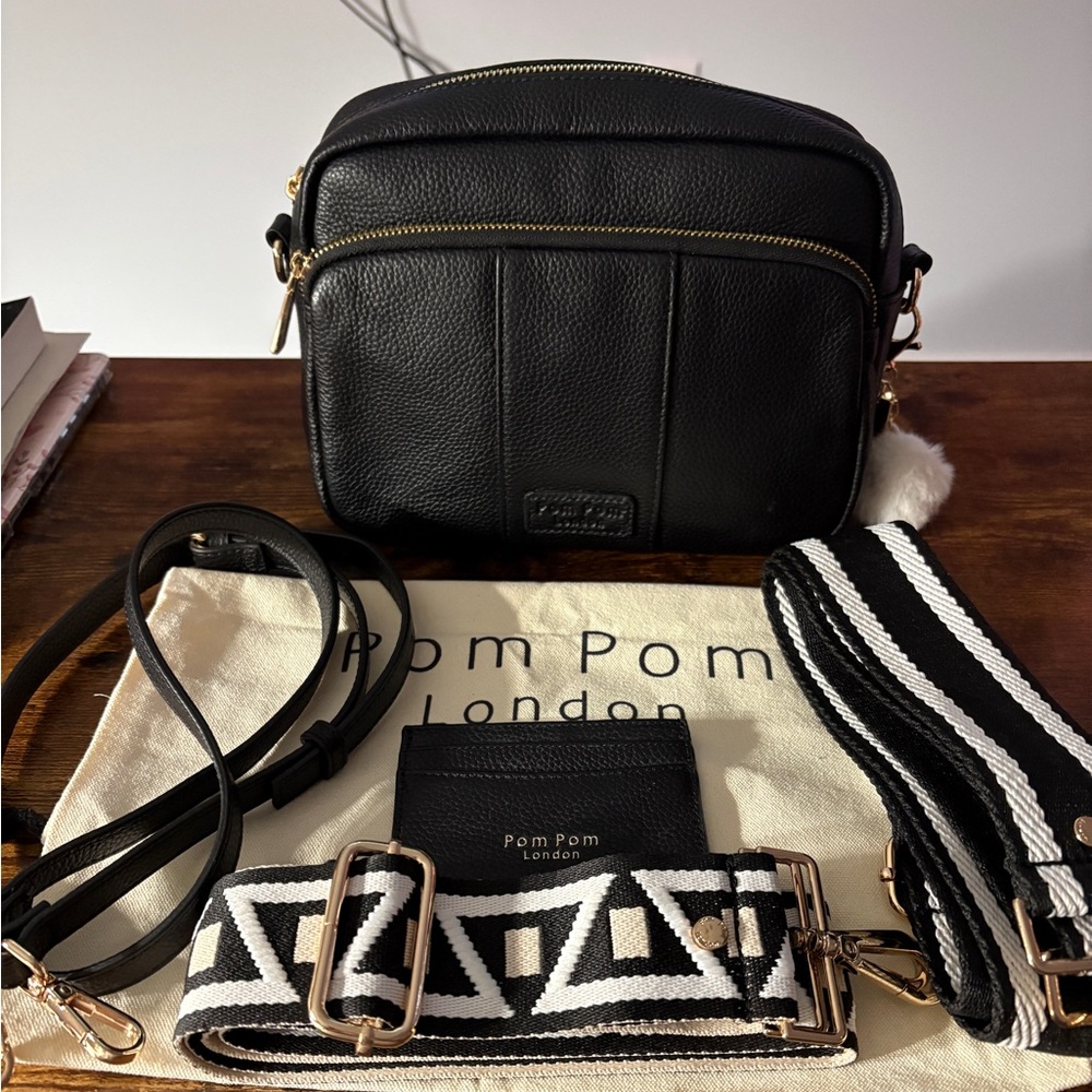 Pom Pom London black leather handbag w/ wallet and straps